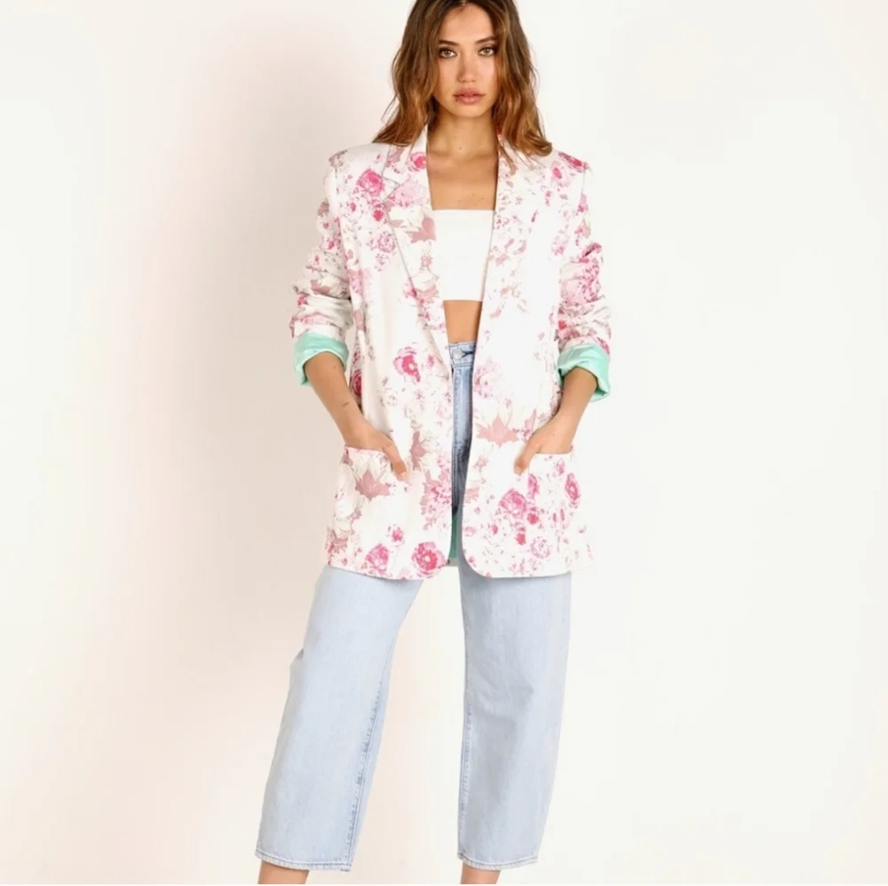 New!For Love And Lemons Weston Denim Floral‎ Women's Blazer - Pink and White